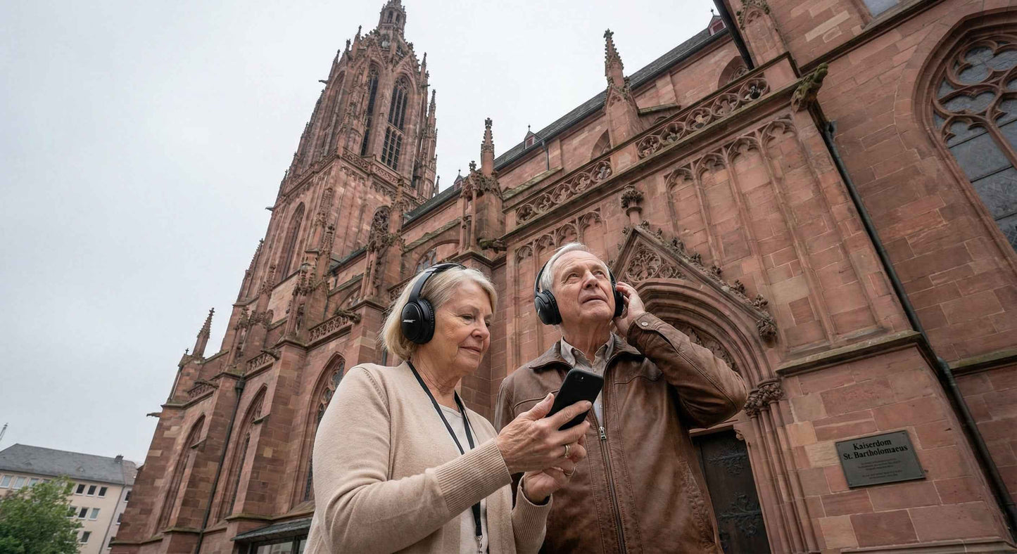 Self-guided audio tour of Frankfurt Cathedral with St. Bartholomew's Cathedral in the background, produced by Uvamai Niche Tourism.
