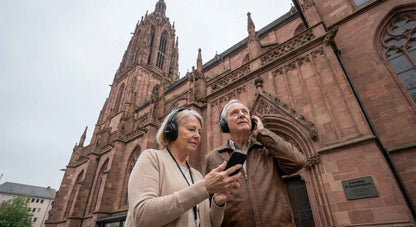Self-guided audio tour of Frankfurt Cathedral with St. Bartholomew's Cathedral in the background, produced by Uvamai Niche Tourism.