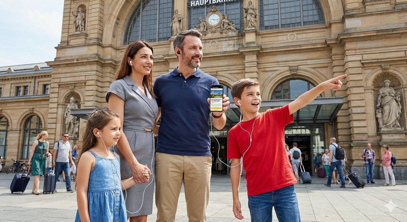 Self-guided audio tour of Frankfurt Hauptbahnhof station by Uvamai Niche Tourism, showing station interior with travelers and signage.