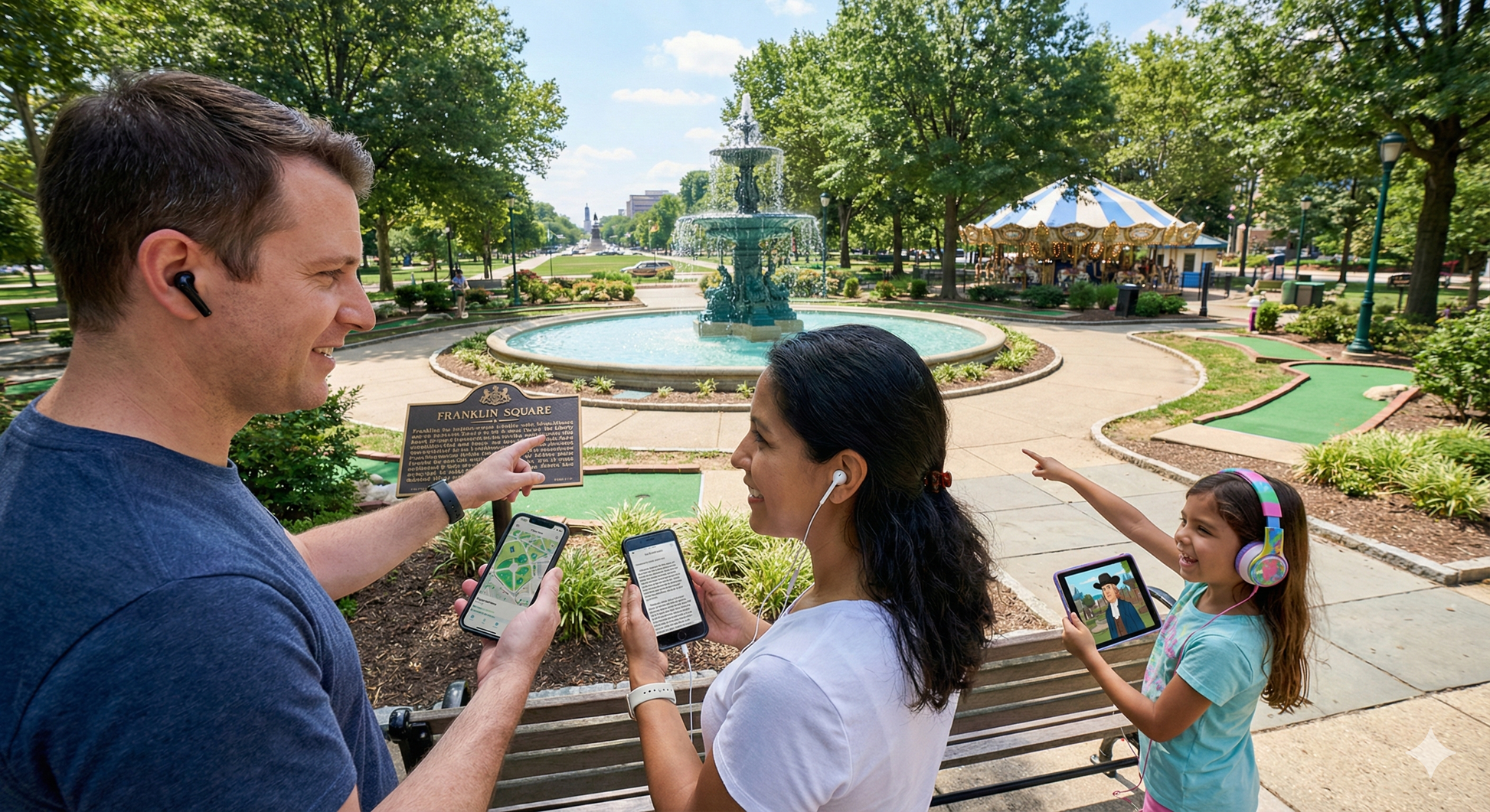 Audio guide device for Philadelphia self-guided tour at Franklin Square by Uvamai Niche Tourism