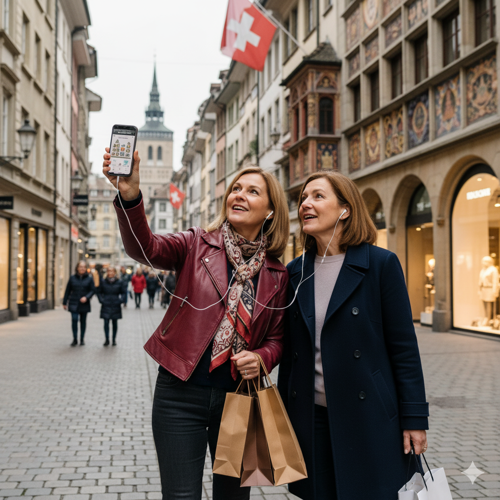 Self-guided audio tour for Basel by Uvamai Niche Tourism, featuring the Freie Strasse shopping boulevard in Switzerland.