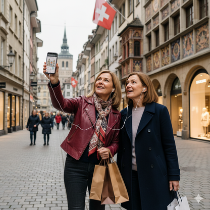 Self-guided audio tour for Basel by Uvamai Niche Tourism, featuring the Freie Strasse shopping boulevard in Switzerland.