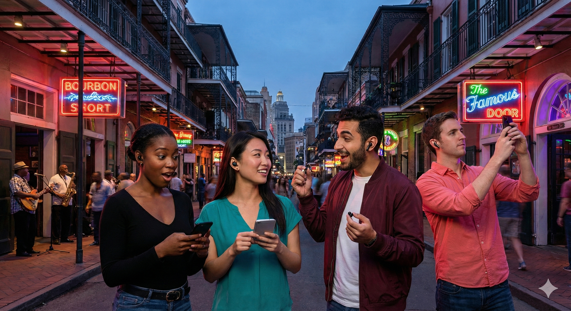 Self-guided audio tour of New Orleans' French Quarter and Bourbon Street by Uvamai Niche Tourism in the evening.