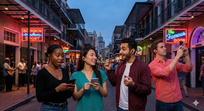 Self-guided audio tour of New Orleans' French Quarter and Bourbon Street by Uvamai Niche Tourism in the evening.