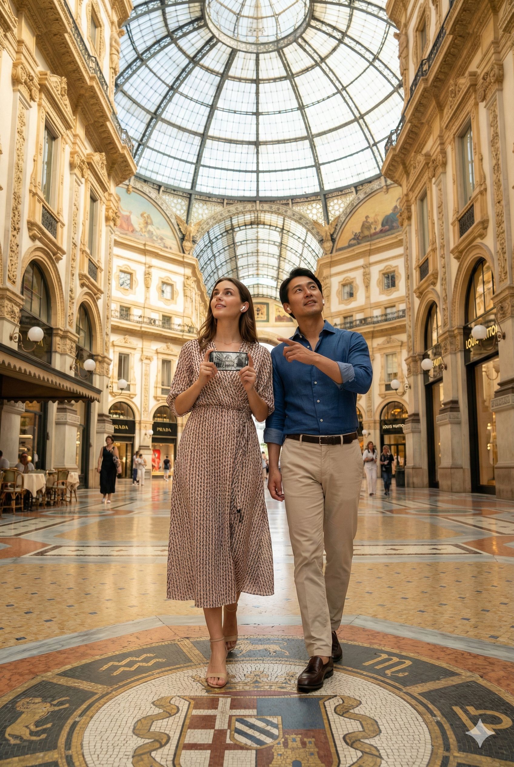 Audio tour guide image of Galleria Vittorio Emanuele II in Milan, featuring historic architecture and vibrant shopping arcade.