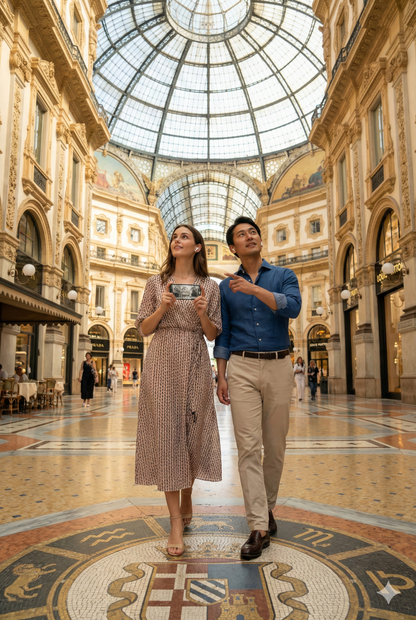 Audio tour guide image of Galleria Vittorio Emanuele II in Milan, featuring historic architecture and vibrant shopping arcade.