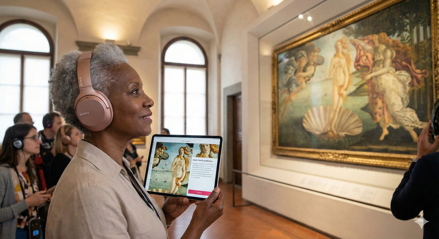 Audio tour device with headphones for Florence's Uffizi Gallery, part of the Uvamai Niche Tourism self-guided audio tour experience