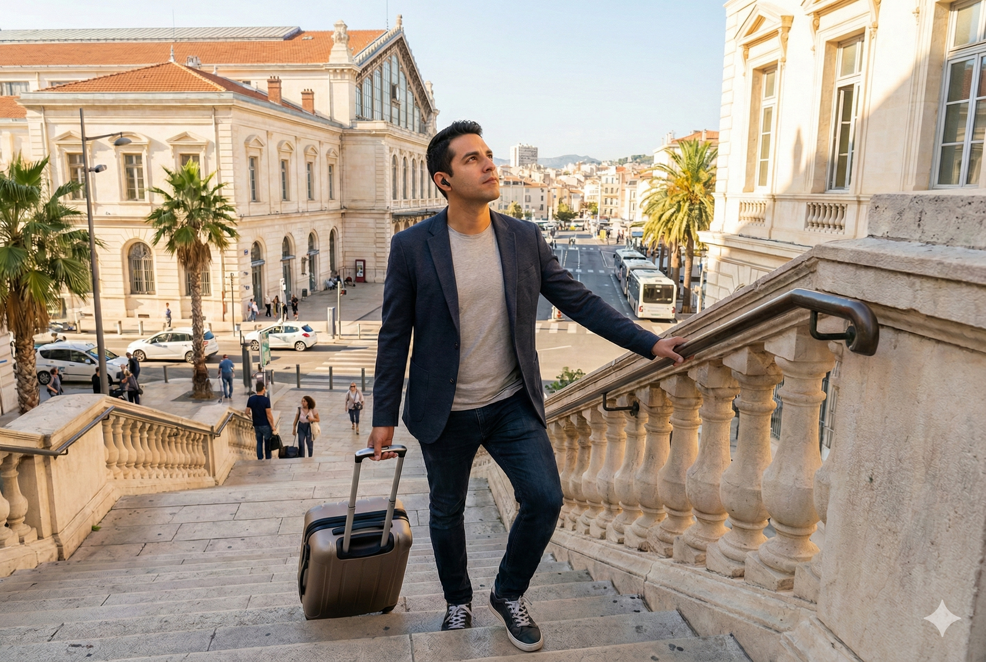 Self-guided audio tour of Gare de Marseille Saint-Charles station by Uvamai Niche Tourism, featuring station interior and signage.