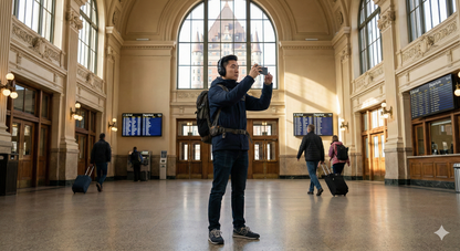 Audio tour device featuring Quebec City landmarks, provided by Uvamai Niche Tourism, with images of Gare du Palais railway station.