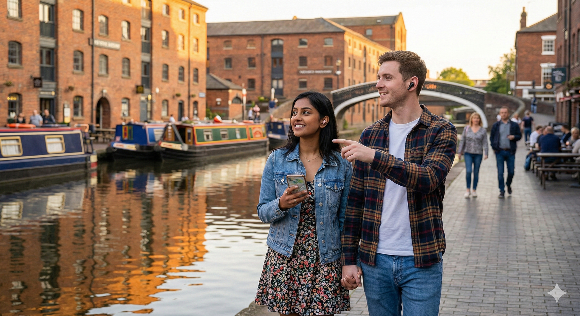 Self-guided audio tour of Birmingham by Uvamai Niche Tourism, showing street scenes and historic landmarks.