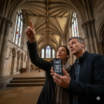 Self-guided audio tour of Glasgow Cathedral by Uvamai Niche Tourism, showing historic architecture and interior details.