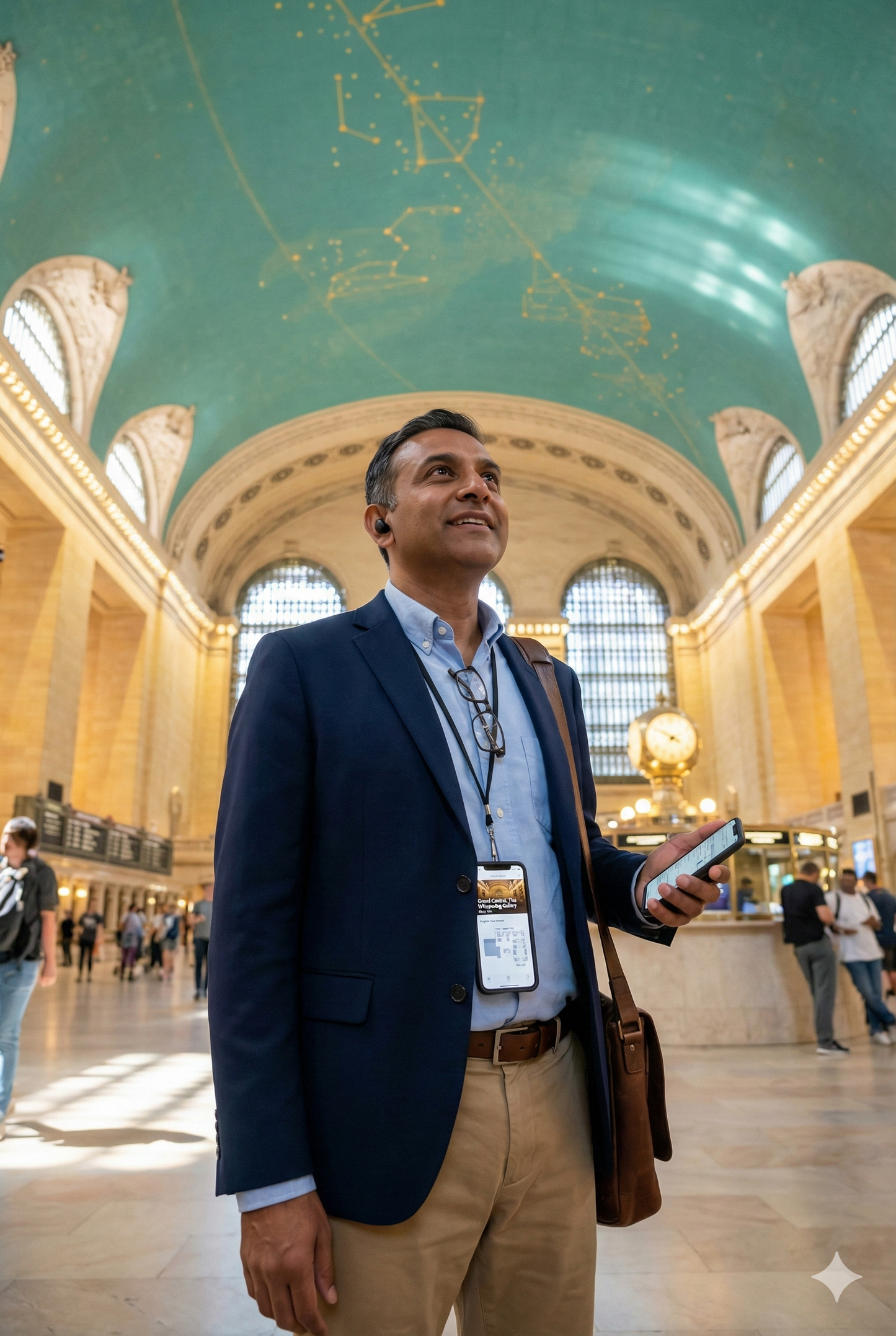 Self-guided audio tour of Grand Central Terminal in New York City by Uvamai Niche Tourism, featuring historic architecture and bustling platform.