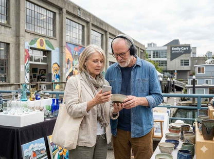 Vancouver self-guided audio tour exploring Granville Island artisan district, showcasing colorful shops and local art scene.