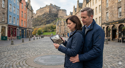 Audio tour device with headphones for Edinburgh's Grassmarket area, part of Uvamai Niche Tourism's self-guided Edinburgh tour.