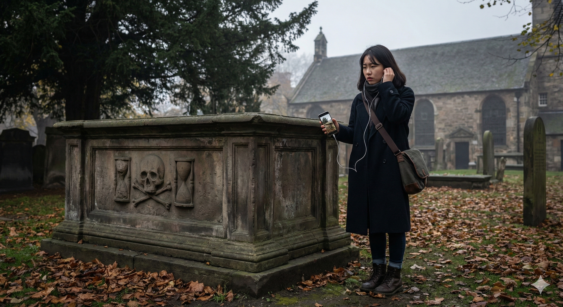 Greyfriars Kirkyard with Uvamai Niche Tourism Edinburgh self-guided audio tour branding visible in the image.