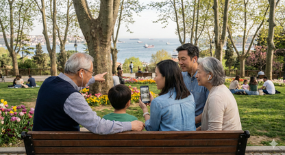 Audio tour guide for Istanbul by Uvamai Niche Tourism, showing view of Gülhane Park and Bosphorus from a scenic viewpoint.