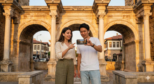 Antalya self-guided audio tour by Uvamai Niche Tourism featuring Hadrian's Gate during golden hour with scenic city views.