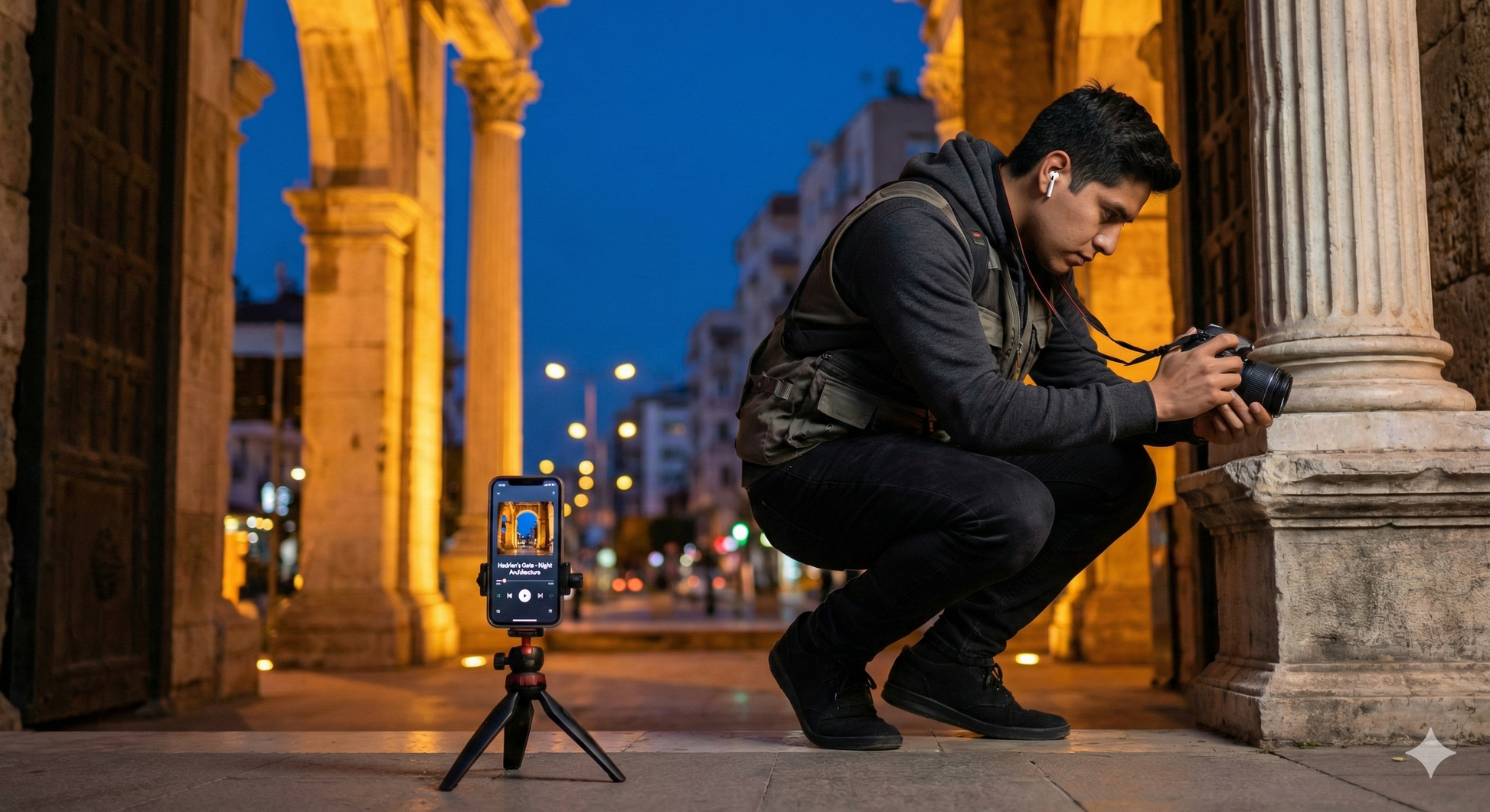 Self-guided audio tour of Hadrian's Gate in Antalya, by Uvamai Niche Tourism, shown during evening documentation.