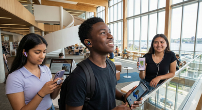 Self-guided audio tour of Halifax Central Library by Uvamai Niche Tourism showing the library interior with modern bookshelves.