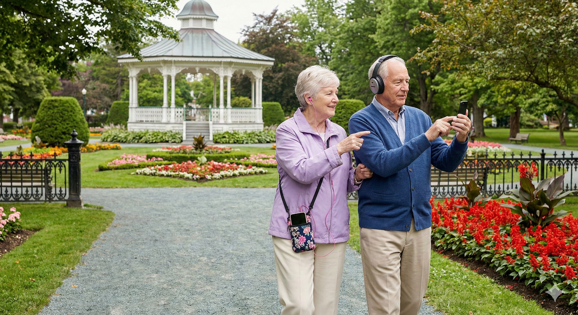 Self-guided audio tour device for Halifax Public Gardens by Uvamai Niche Tourism, featuring a portable audio guide with garden scenes.