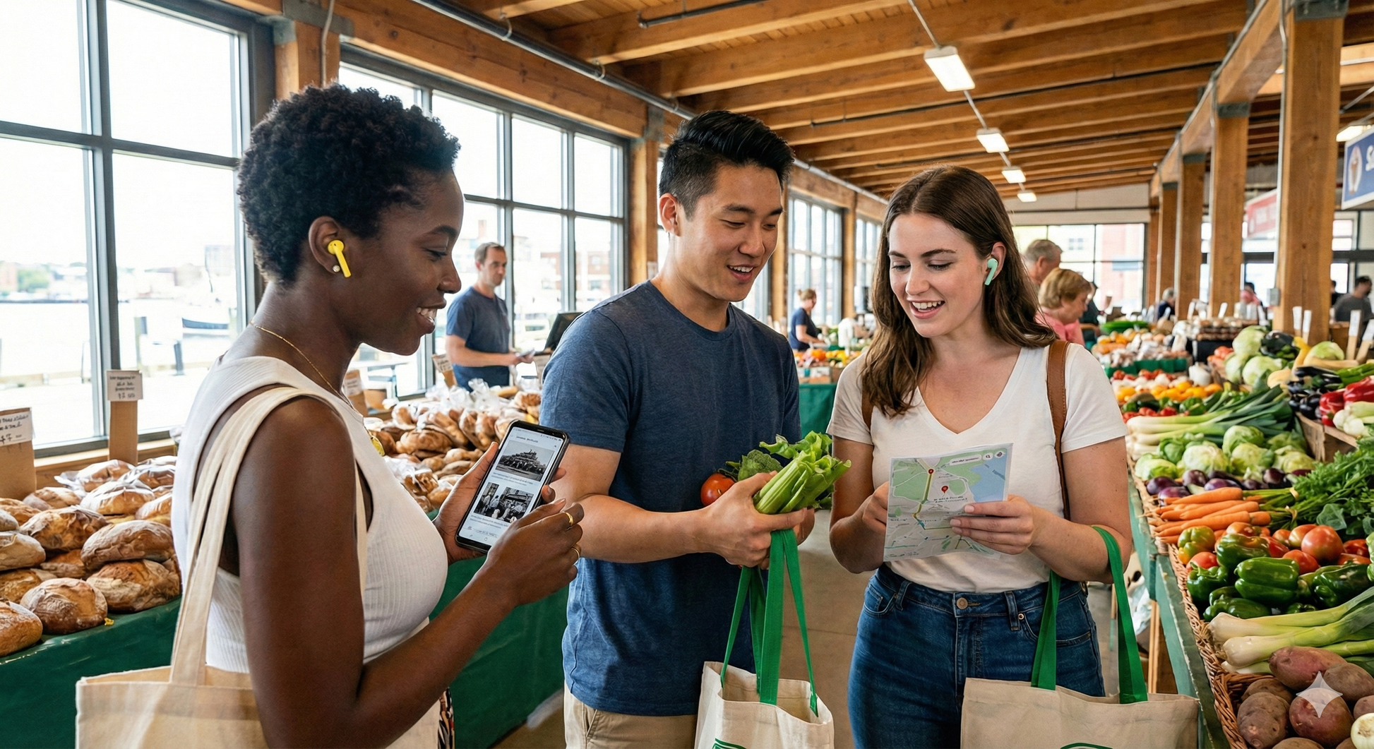 Self-guided audio tour of Halifax Seaport Farmer's Market with Uvamai Niche Tourism, featuring market stalls and waterfront views