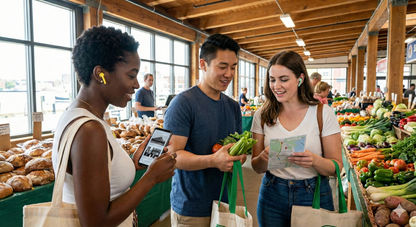 Self-guided audio tour of Halifax Seaport Farmer's Market with Uvamai Niche Tourism, featuring market stalls and waterfront views