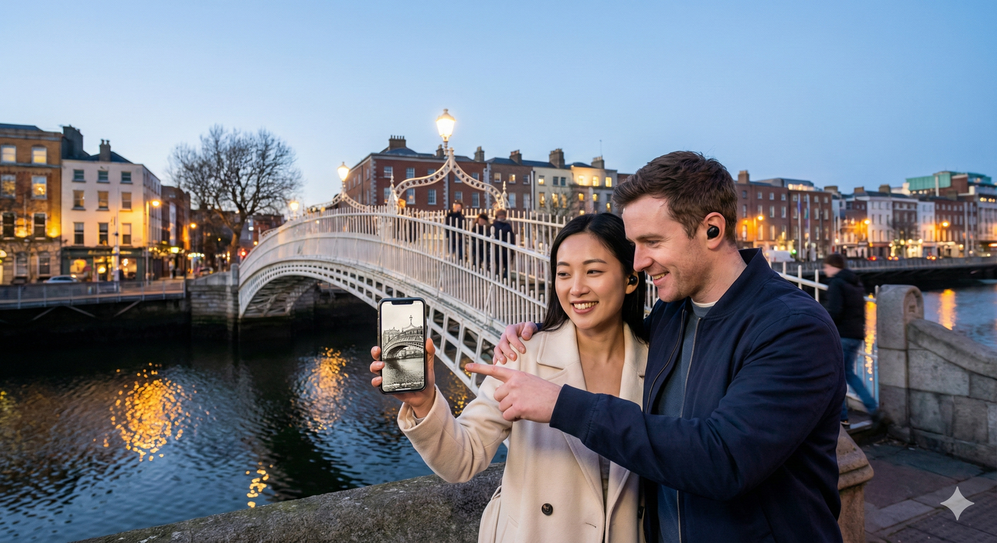 Dublin self-guided audio tour by Uvamai Niche Tourism featuring Penny Bridge and historic Dublin cityscape.