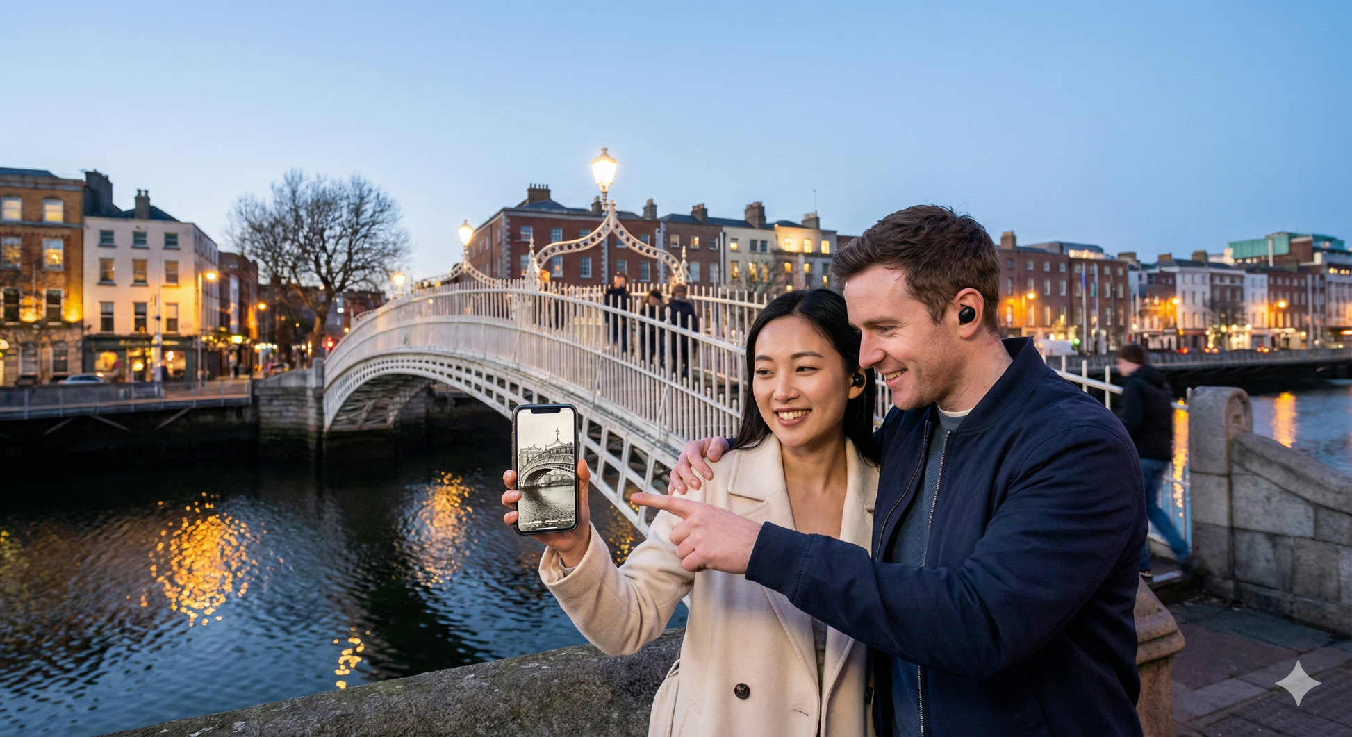 Dublin self-guided audio tour by Uvamai Niche Tourism featuring Penny Bridge and historic Dublin cityscape.