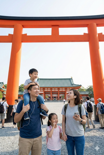 Heian Shrine guided audio tour by Uvamai Niche Tourism, showing the shrine's entrance with traditional architecture and lush surroundings.