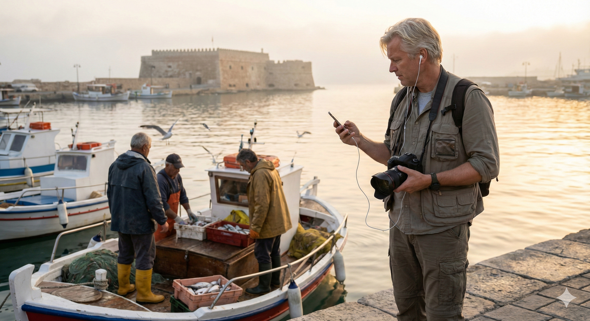 Heraklion Venetian Port self-guided audio tour by Uvamai Niche Tourism, early morning view of fishermen at the harbor.
