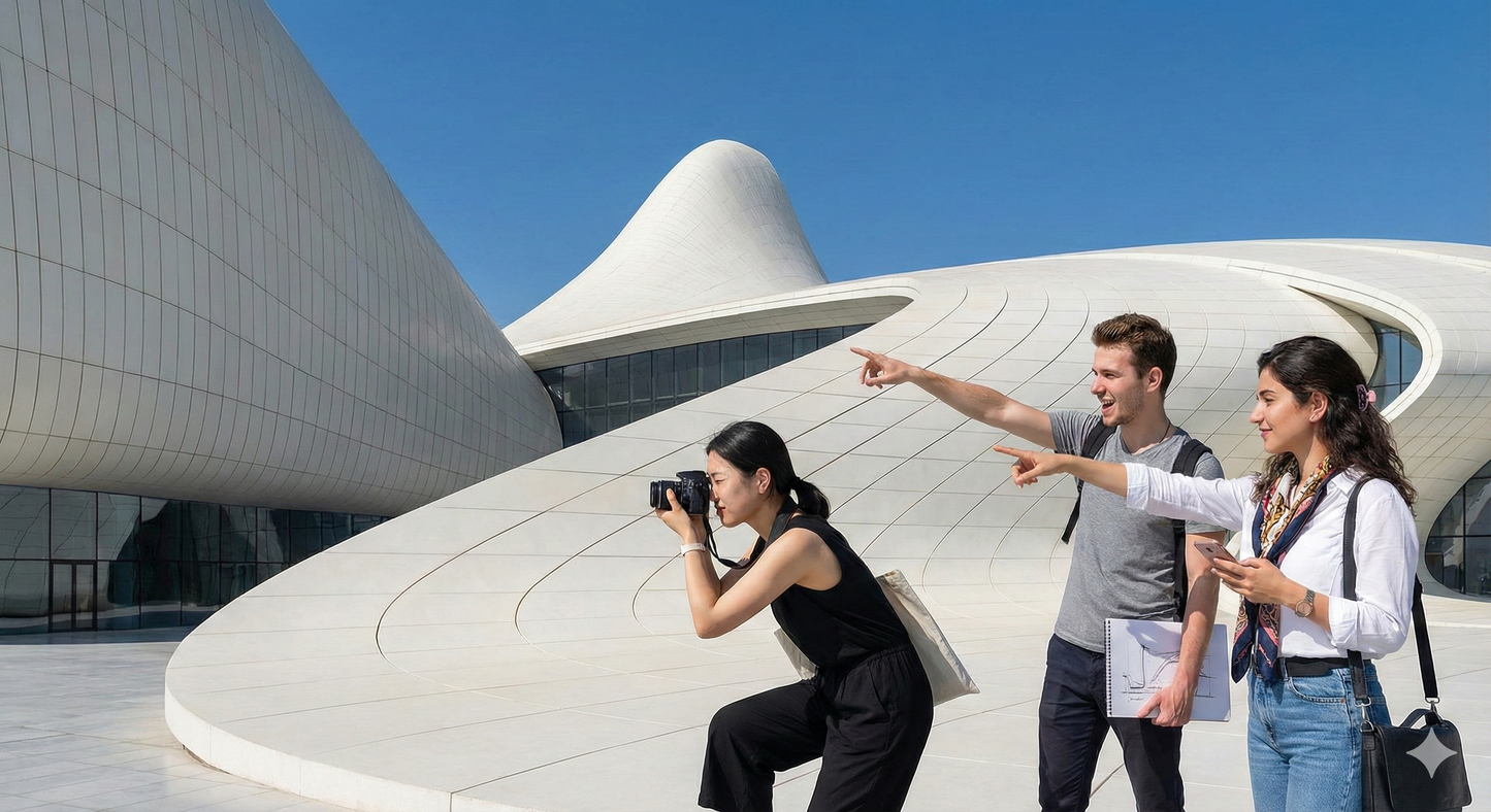 Audio guide for Heydar Aliyev Center tour by Uvamai Niche Tourism, featuring exterior view of the cultural center building.