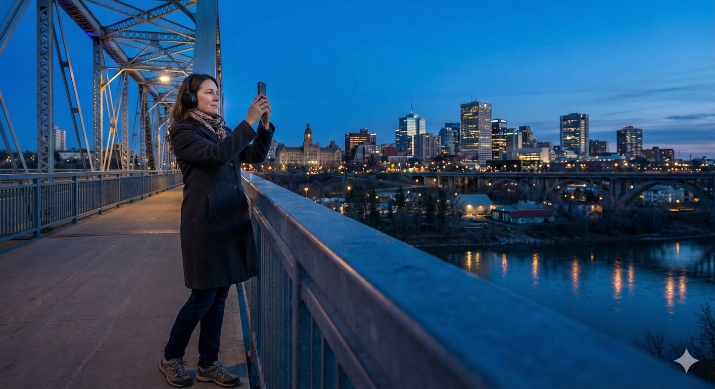 Edmonton self-guided audio tour by Uvamai Niche Tourism featuring an evening view of the High Level Bridge over the city.
