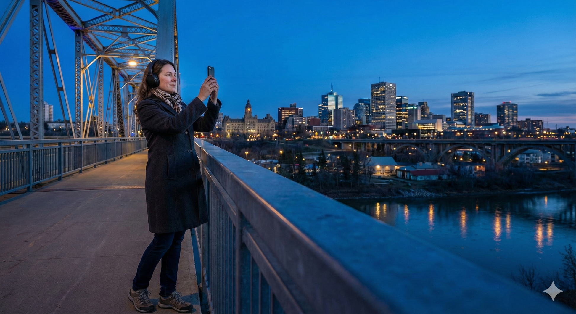 Edmonton self-guided audio tour by Uvamai Niche Tourism featuring an evening view of the High Level Bridge over the city.