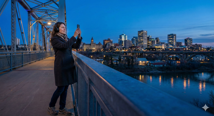 Edmonton self-guided audio tour by Uvamai Niche Tourism featuring an evening view of the High Level Bridge over the city.