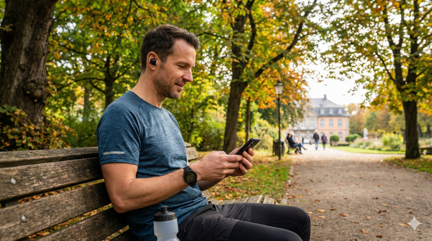 Self-guided audio tour for Düsseldorf by Uvamai Niche Tourism, featuring landmarks and scenic views of Hofgarten park.