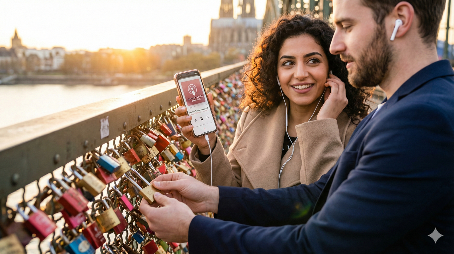 Self-guided audio tour for Cologne, featuring images of Hohenzollern Bridge love locks from Uvamai Niche Tourism.