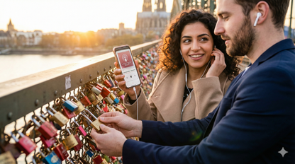 Self-guided audio tour for Cologne, featuring images of Hohenzollern Bridge love locks from Uvamai Niche Tourism.