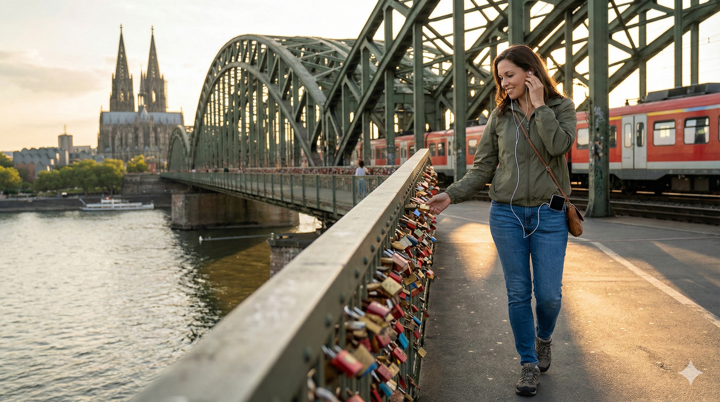 Self-guided audio tour of Hohenzollern Bridge by Uvamai Niche Tourism with a smartphone and headphones.