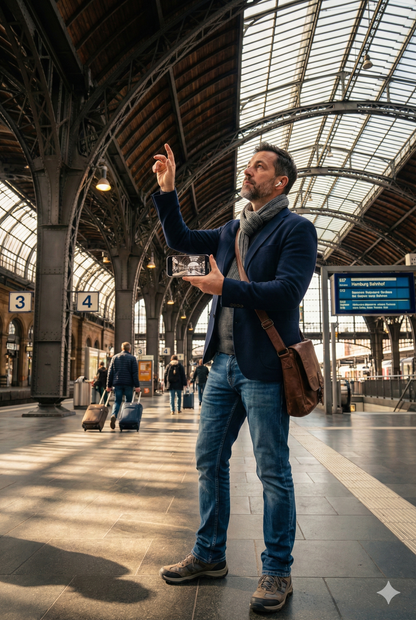 Self-guided audio tour of Hamburg Hauptbahnhof station by Uvamai Niche Tourism, featuring detailed views of the historic train station.