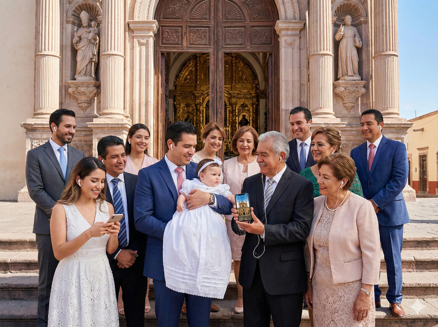 Self-guided audio tour image showing a community celebration at Iglesia de San Luis Gonzaga, part of Uvamai Niche Tourism's Monterrey tour.