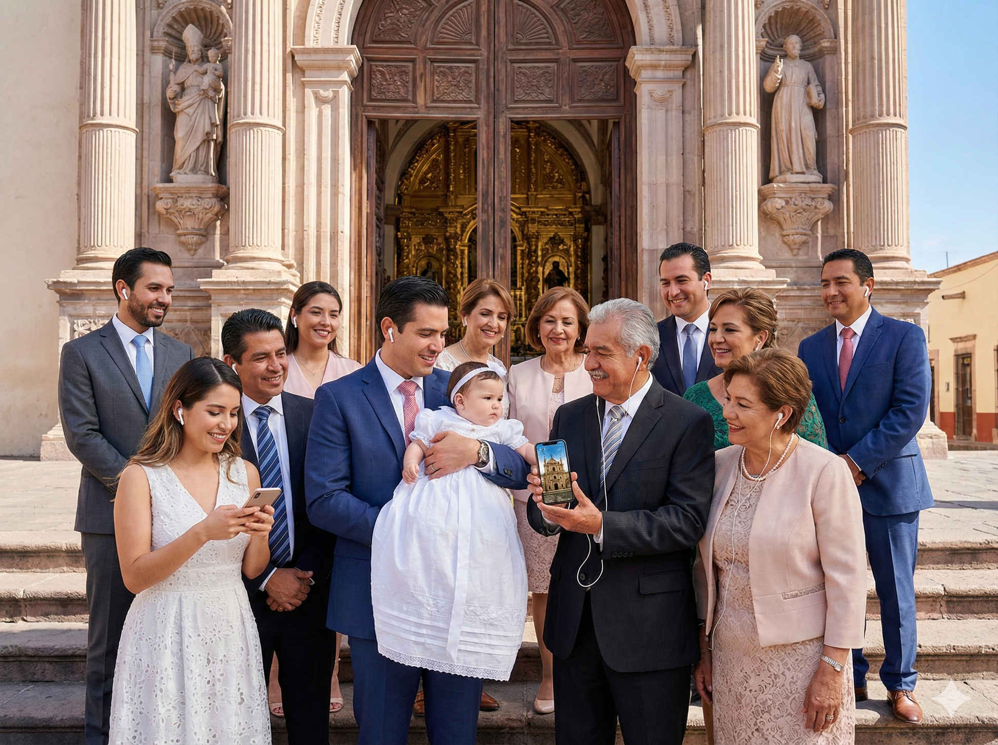 Self-guided audio tour image showing a community celebration at Iglesia de San Luis Gonzaga, part of Uvamai Niche Tourism's Monterrey tour.