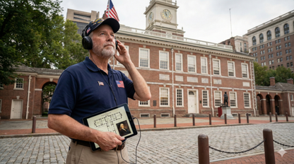 Self-guided audio tour of Independence National Historical Park by Uvamai Niche Tourism, featuring historic landmarks and park scenery.
