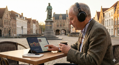 Self-guided audio tour of Bruges by Uvamai Niche Tourism, image shows a map and audio device for exploring the historic city.