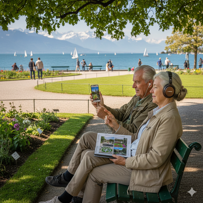 Uvamai Niche Tourism Geneva Self-Guided Audio Tour map featuring Jardin Anglais and local landmarks.