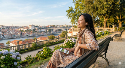 Self-guided audio tour of Porto by Uvamai Niche Tourism, featuring images of the Palácio de Cristal gardens.