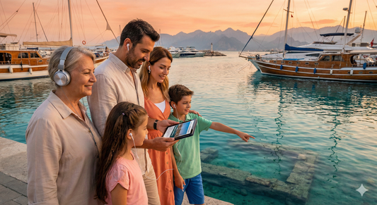 Family enjoying sunset at Kaleici Marina during the Uvamai Niche Tourism Antalya self-guided audio tour.