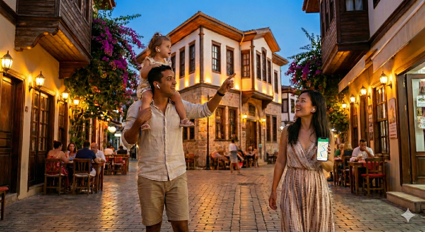 Self-guided audio tour of Kaleiçi Old Town in Antalya at evening, featuring lively street scenes and historic architecture.
