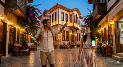 Self-guided audio tour of Kaleiçi Old Town in Antalya at evening, featuring lively street scenes and historic architecture.