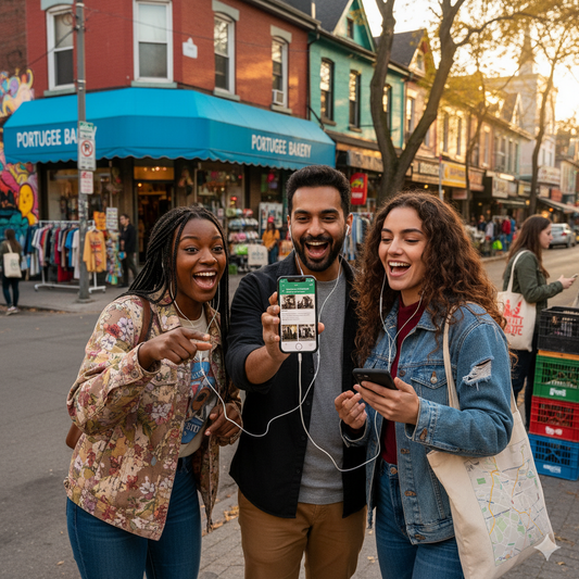 Audio tour device showing Kensington Market map with Uvamai Niche Tourism branding for Toronto self-guided audio tour.