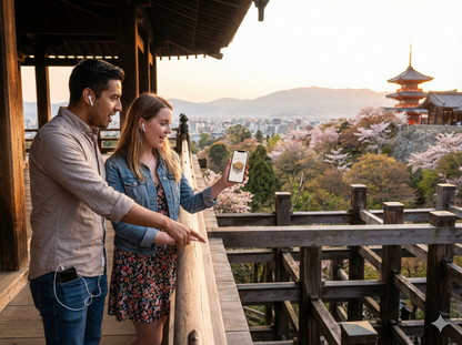 Self-guided audio tour of Kyoto's Kiyomizu-dera Temple by Uvamai Niche Tourism, featuring temple architecture and scenic views.
